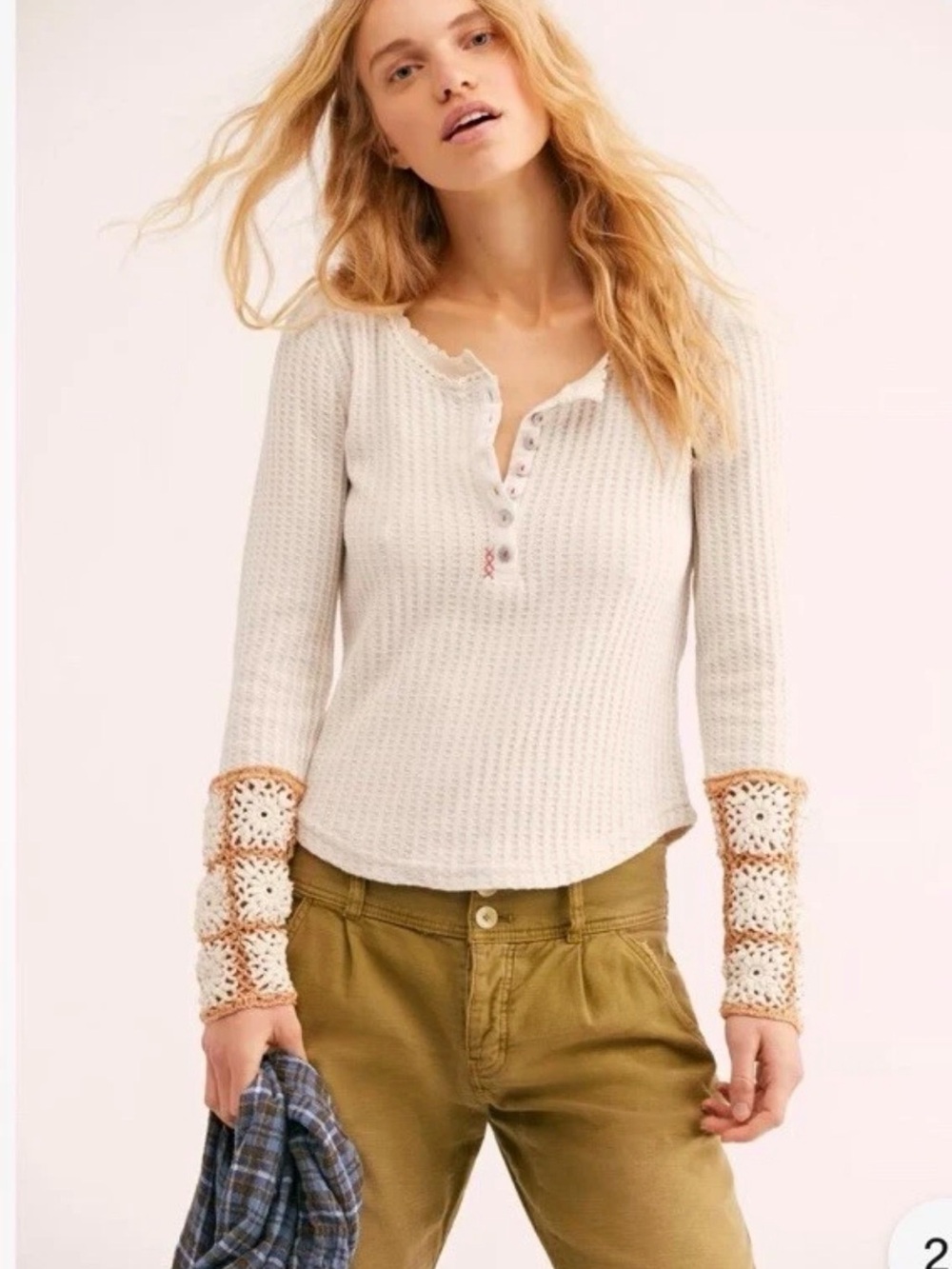 ✨🤍 NWT Free People Mistletoe Waffle Thermal Crochet Cuff Top S 🤍✨